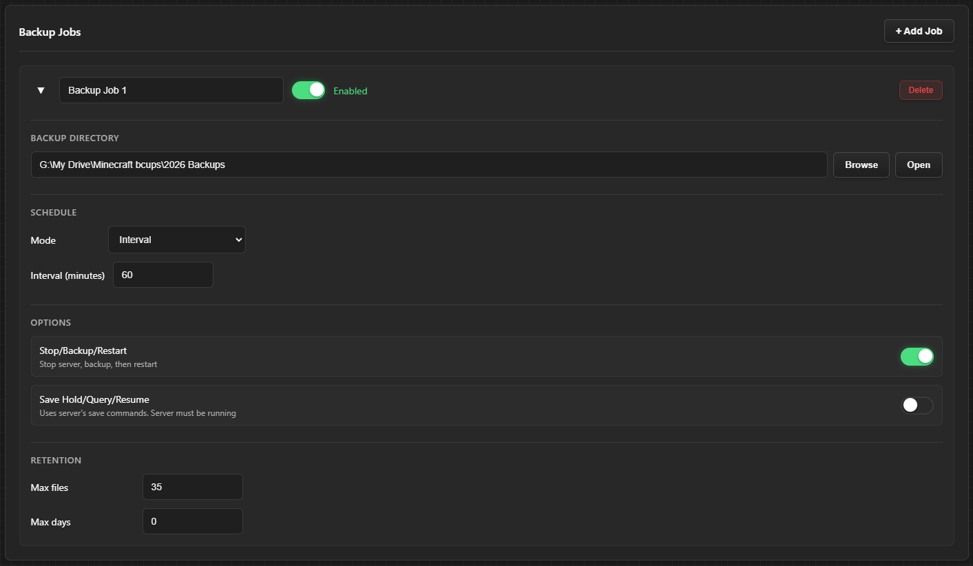 Backup job interval scheduling configuration
