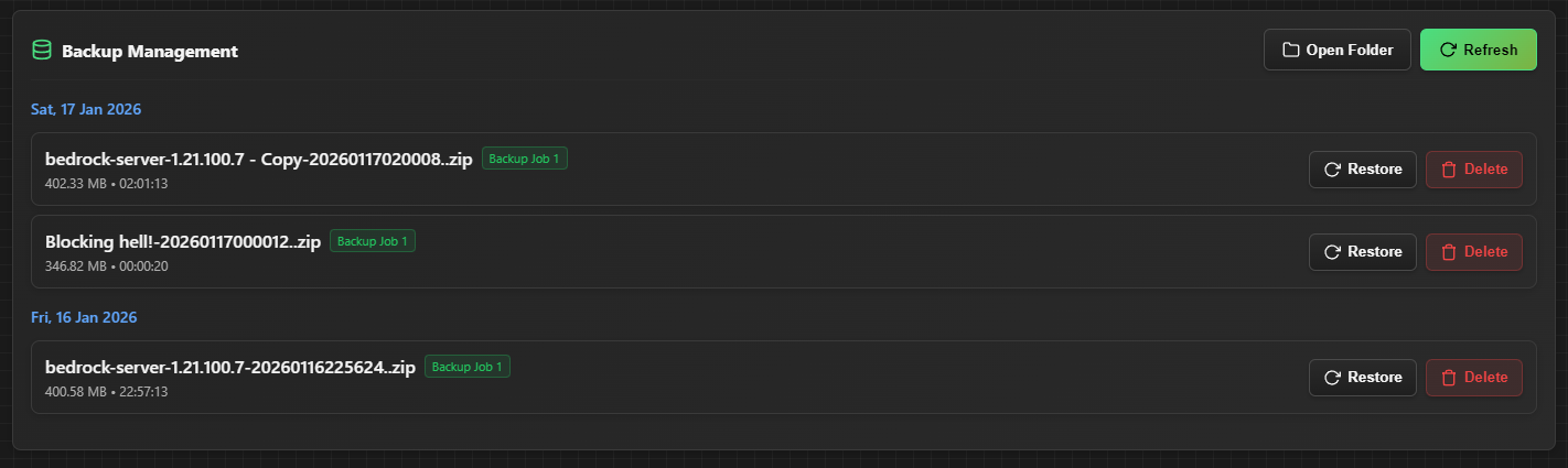 Backup page interface showing backup job configuration