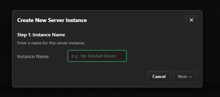 Instance creation wizard showing name entry step