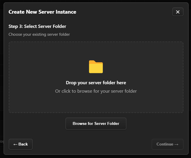 Instance creation wizard showing server upload option