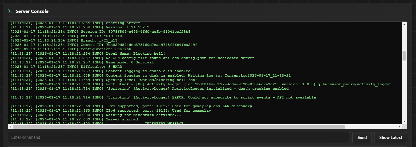 Dashboard showing server console with logs and command input