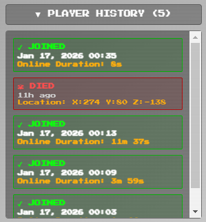 Player history interface showing join, disconnect, and death events