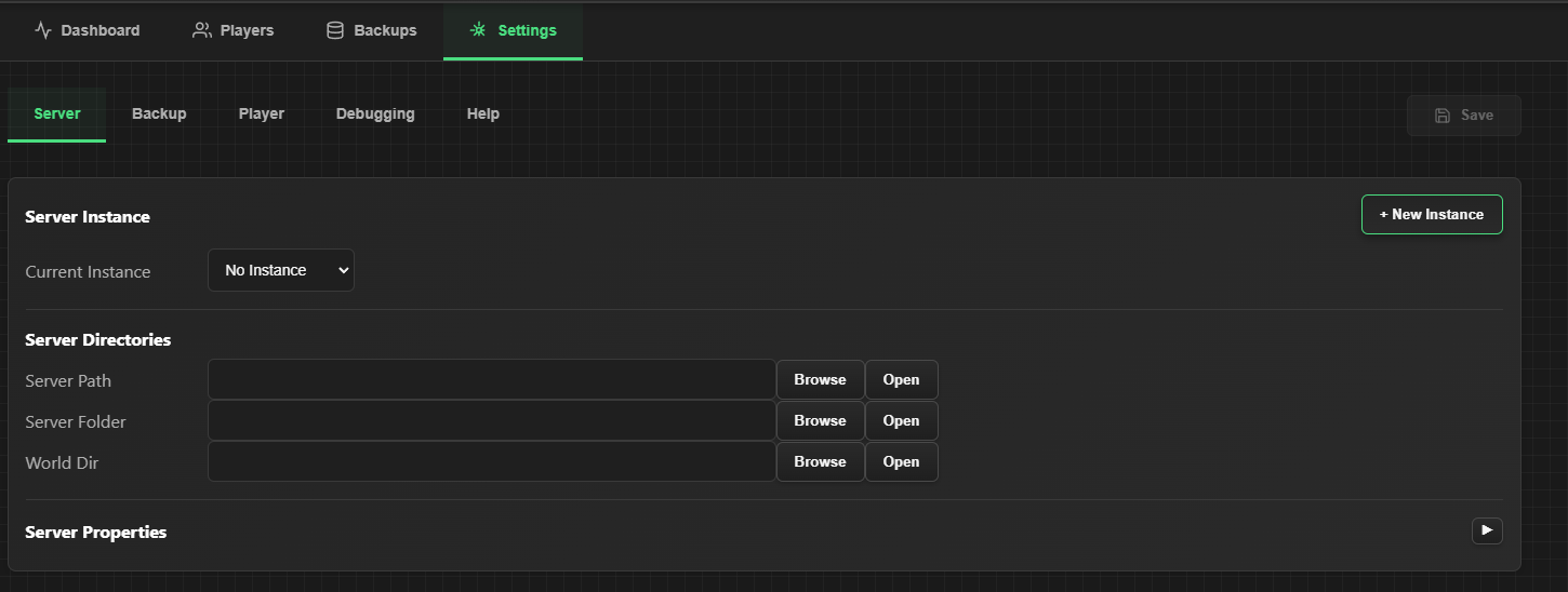 Settings page showing new instance button
