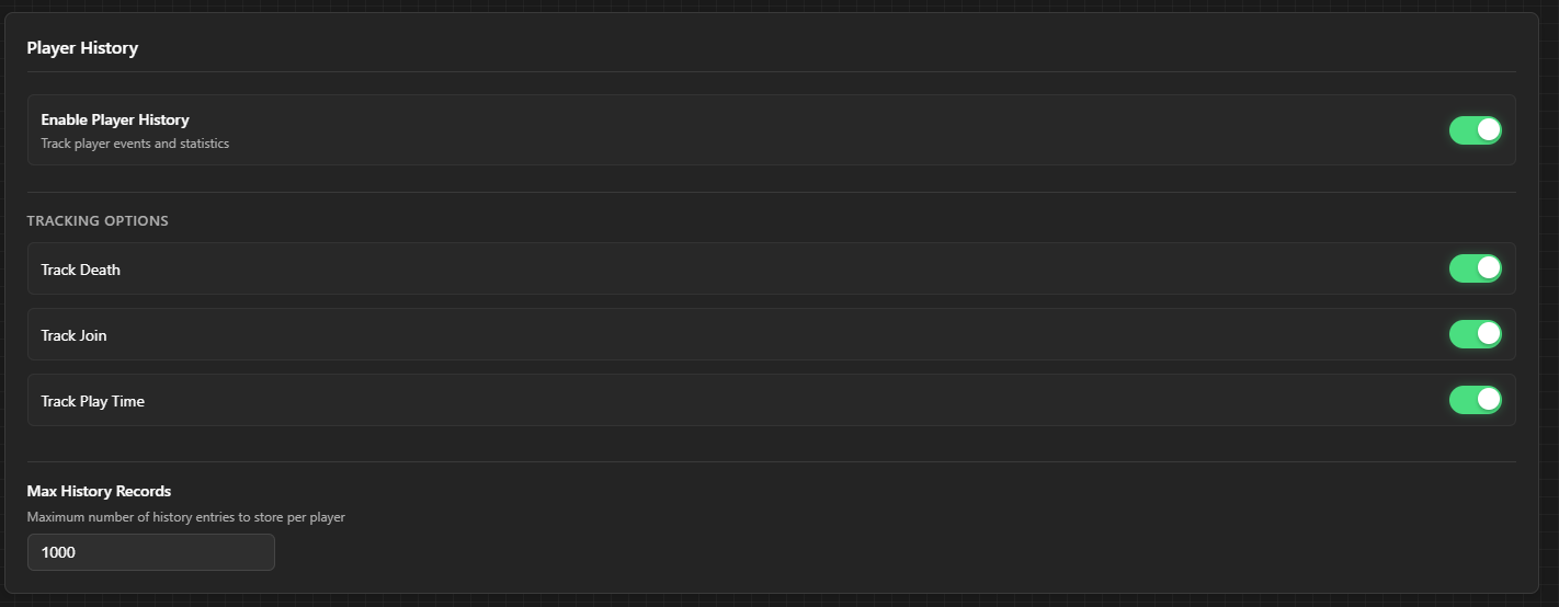 Server history settings showing player tracking configuration